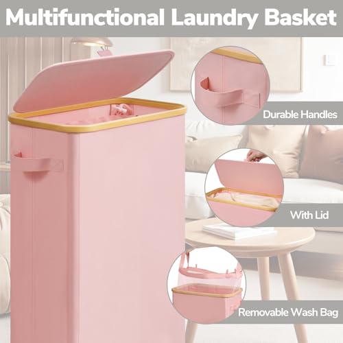 Goodpick Slim Laundry Basket with Wheels and Lid, 75L Tall Laundry Hamper with Bamboo Frame Removable Bag, Collapsible Clothes Hamper for Dorm Home Decor, Pink, 17" x 9.8" x 29.5" - color: Pink, size: 75L (17"L x 9.8"W x 29.5"H)