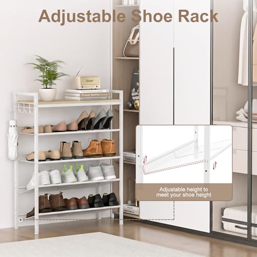 Refrze Shoe Rack for Front Door Entrance, 5 Tier Height-Adjustable Metal Shoe Rack, Sturdy Wooden Top and Tiltable Steel Frame Heavy Duty Shoe Organizer for Bathroom,Bedroom,Kitchen，Include Hook - color: Natural + White, size: 5-Tier (11.8"D x 29.1"Wx 38.