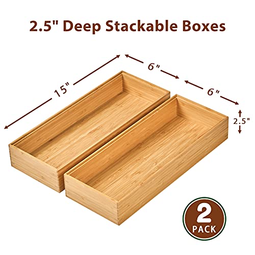 Umilife Bamboo Kitchen Drawer Organizer Boxes with Anti-Skid Silicone Feet, 2pcs Stackable Storage Bins for Kitchen Utensils & Silverware & Desk Drawer & Makeup, Tools Holder, 15”L x 6”W x 2.5”D Each - size: 15 x 6 x 2.5" (Stackable, Set of 2)