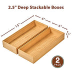 Umilife Bamboo Kitchen Drawer Organizer Boxes with Anti-Skid Silicone Feet, 2pcs Stackable Storage Bins for Kitchen Utensils & Silverware & Desk Drawer & Makeup, Tools Holder, 15”L x 6”W x 2.5”D Each - size: 15 x 6 x 2.5" (Stackable, Set of 2)
