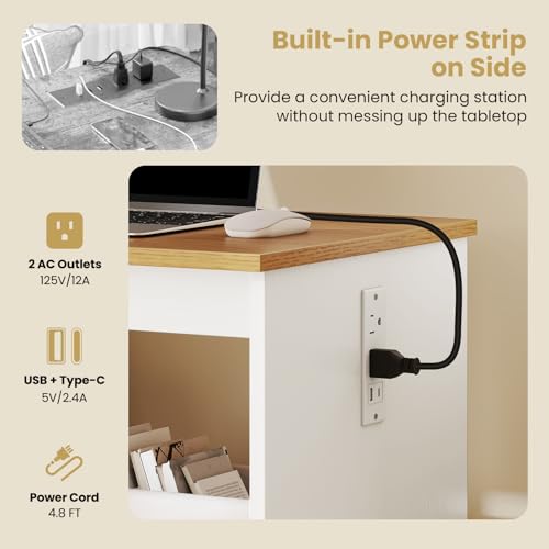 Giantex Folding Sewing Table with Charging Station, Rolling Craft Table with Storage Trays & Shelf, Foldable Sewing Machine Cabinet Desk with Lockable Wheels for Small Spaces (White & Natural) - color: White & Natural