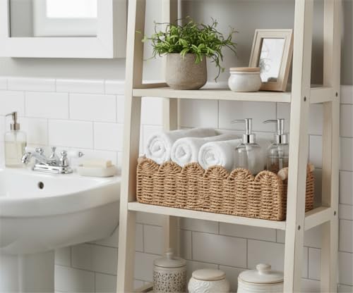 CubesLand Paper Rope Scalloped Edge Toilet Paper Storage Basket, Small Living Room, Bedroom Decor Baskets for Over Toilet Storage Shelf, End Table, Shelves and More, with 2 Wooden Handle, Neutral - color: Neutral, size: M - 14"L x 6.3"W x 3.9"H