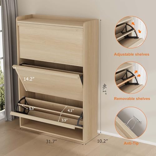 GarveeHome Shoe Cabinet with 3 Flip Drawers, Wooden Shoe Organizer Cabinet with Adjustable Shelf, Shoe Storage for Entryway, Hidden Shoe Cabinet for Hallway, Living Room, Natural Oak - color: Natural Oak, size: 3-Drawers