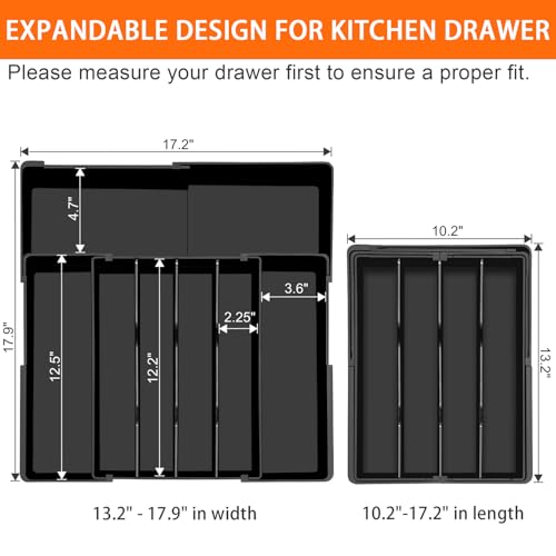 Spaclear Large Kitchen Silverware Organizer - Expandable 17.2" x 17.9" Adjustable Drawer Tray, 4-7 Compartments for Maximum Storage, BPA-Free, Black,L - color: Black, size: L(10.2-17.2"W x 13.2-17.9"D)