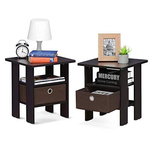 Furinno Andrey Set of 2 End Table / Side Table / Night Stand / Bedside Table with Bin Drawer, Dark Walnut - color: Dark Walnut, size: 2-Pack, Center Bin