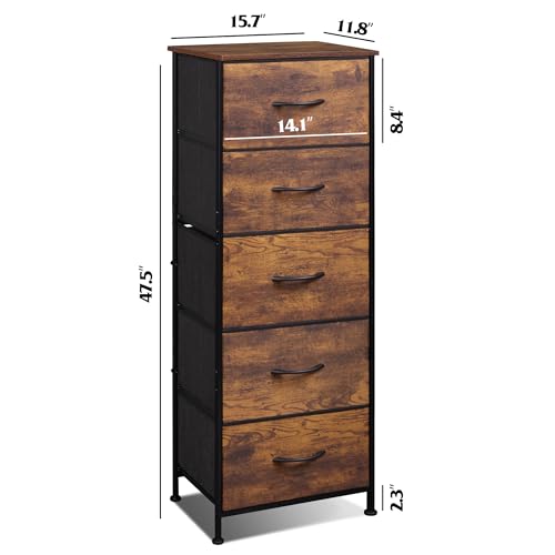 WLIVE Fabric Dresser for Bedroom, 5-Drawer Tall Dressers, Storage Organizer with Fabric Bins, Wood Top, Sturdy Steel Frame, Chest of Drawers for Closet, Hallway, Rustic Brown Wood Grain Print - color: Rustic Brown Wood Grain Print