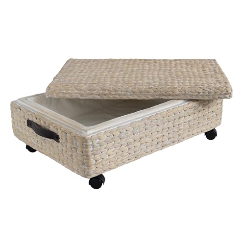 happimess BSK1006D Chett 26.38" Minimalist Hand-Woven Hyacinth/Wood Underbed Storage Bin with Wheels and Handles, White Wash/Dark Brown for Storage and Decoration in Bathroom, Bedroom, Living Room - color: White Wash/Dark Brown