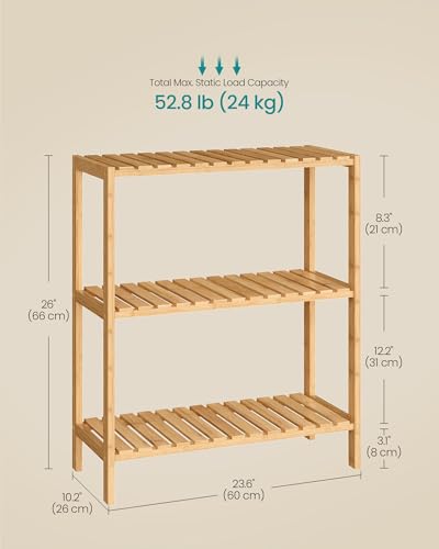 SONGMICS Bamboo Storage Shelf, 3-Tier Shelving Unit, Multifunctional, in The Entryway, Bathroom, Living Room, Balcony, Kitchen, 10.2 x 23.6 x 26 Inches, Light Bamboo UBCB33Y - color: Light Bamboo, size: 3 Tiers (10.2"D x 23.6"W x 26"H)