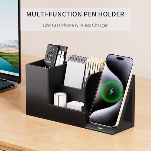 LADSTAG Pen Organizer with Phone Stand,Black Vegan Leather Desk Organizers with Remote Control Holder,Pencil Holder for Desk,Desk Organizer with Phone Charger for Office/Nightstand/Endtable - color: Black, size: L