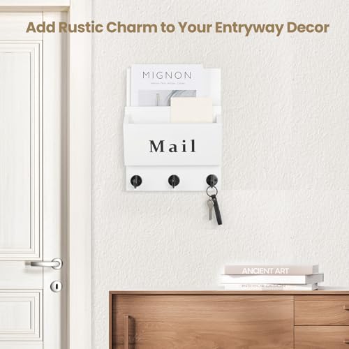 Mail and Key Holder - Decorative 8.86" x 11.42" Wall Key Hanger with 2 Mail Organizer Slots and 3 Hooks - Real Paulownia Wood with Keyhole Brackets, Hardware and Instructions (White) - color: White