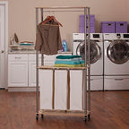 Modern Laundry Center with Wheels, 6 Load Capacity, Steel Frame, 3 Washable Linen Bags, MDF Shelves with Hanging Bar, Easy Twist-On Assembly, Light Ash Wood Grain Laminate - style: Laundry Center