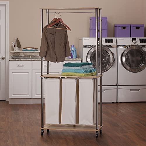Modern Laundry Center with Wheels, 6 Load Capacity, Steel Frame, 3 Washable Linen Bags, MDF Shelves with Hanging Bar, Easy Twist-On Assembly, Light Ash Wood Grain Laminate - style: Laundry Center