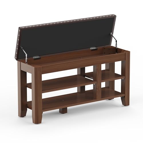 Shoe Bench for Entryway, Solid Rubberwood Shoe Bench with Hidden Storage, Adjustable 2-Tier Shelves & Soft PU Leather Seat, Shoe Rack Durable Easy Assembly for Hallway or Bedroom - Brown, 39.4" - color: Brown, size: 39.4"W x 11.82"D x 20.47"H