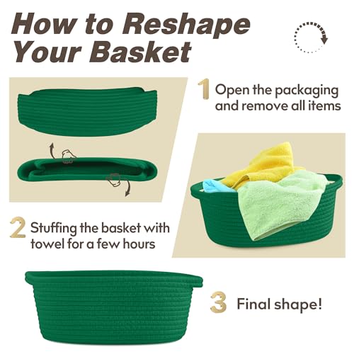 Pro Goleem Small Woven Basket with Gift Bags and Ribbons Durable Baskets for Gifts Empty Small Rope Basket for Storage 12"X 8" X 5" Baby Toy Baskets with Handles, Green - color: green