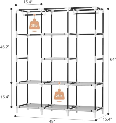 VTRIN Portable Closet, Large Capacity Portable Wardrobe with 2 Hanging Rods and 8 Storage Shelves, Sturdy Free Standing Closet Wardrobe for Hanging Clothes with Side Pockets, Black - color: Black, size: 3 Row - 49'' Wide
