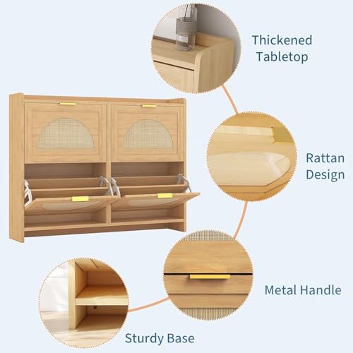 Patikuin Narrow Rattan Shoe Cabinet, 4 Semi-Circular Flip Doors Freestanding Shoe Storage Organizer, MDF Wooden Hidden Slim Shoe Rack for Entryway, Hallway, Foyer, Living Room - size: 4 Flip Drawers