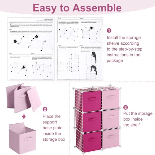 Leinuosen 6 Cube Storage Organizer with 6 Foldable Fabric Storage Bins, Metal Wire Grid Shelves, Stackable Modular Closet Organizer for Bedroom Living Room Office Toys Books(White,Pink) - color: White,Pink