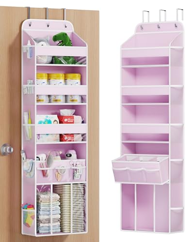 OneDream 5-Tier Over the Door Organizer with Removable Storage Caddy, Baby Clothes Organizer for Nursery, Hanging Behind Door Storage with Clear Pockets and Side Mesh Compartments, Pink - color: Pink