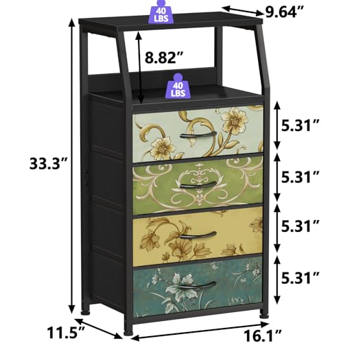 Furnulem Retro Dresser for Bedroom, Small Dresser for Closet, Vintage Nightstand with 4 Drawers, Fabric Storage Organizer Bedside Table Side Furniture, Metal Frame, Wood Top - color: Vintage Floral, style: 4 Drawers