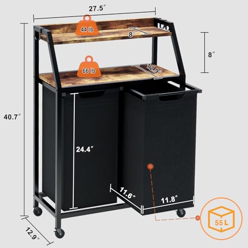 Timberer Laundry Hamper, Laundry Sorter 2 Section, Rolling Laundry Basket with Wheels, 2 Shelves, 2 × 14.5 Gal, Pull-Out and Removable Oxford Fabric Bags, for Laundry Room,Black and Rustic Brown - color: Black + Rustic Brown, size: 2 Bags (27.5"L x 12.9"W