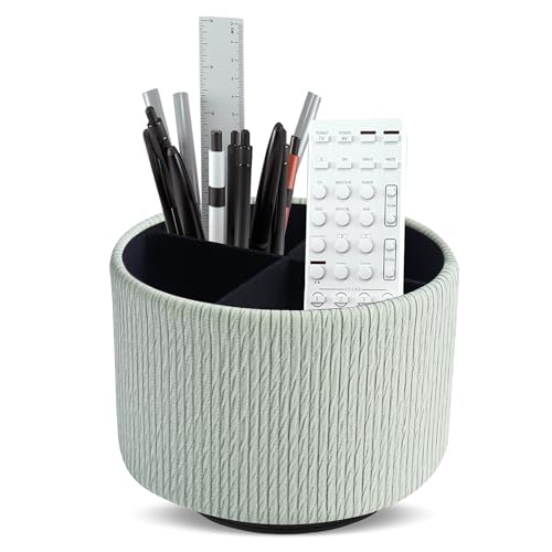 Round Leather Art Supply Organizer,Remote Control Holder,360 Degree Spinning,Multi-Functional Pencil Holder,4 Compartments Desktop Stationary Organizer(1-Wood Green2) - color: 1-Wood Green2