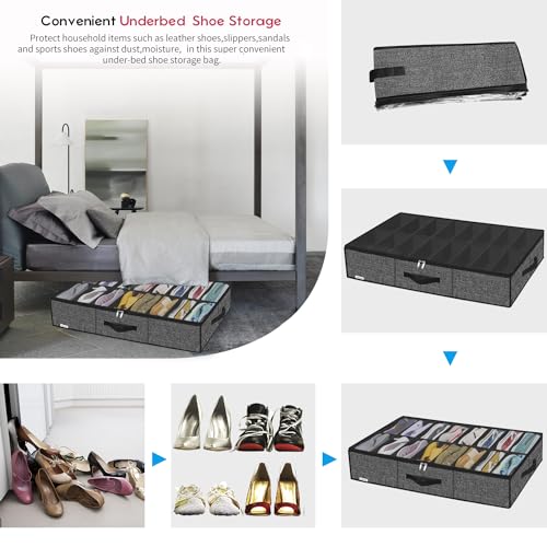 Onlyeasy Sturdy Under Bed Shoe Storage Solution Organizer For Closet Fit 16x2 Pairs, Underbed Shoes Container Bags with Reinforced Handles, Breathable, Linen-like Black, MXAUBS16P2 - color: 2 Shoes (16+16 Cells) Linen-like Black