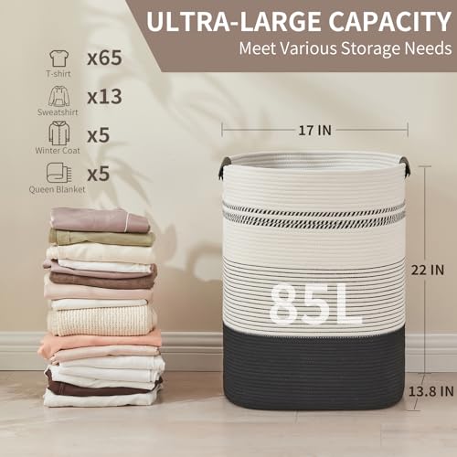 AINUOQI Laundry Basket with Handles - Blanket Basket & Hampers for Bedroom Aesthetic, Laundry Hamper & Blanket Storage for Living Room, Clothes Hamper, Tall, Large 17" x 14" x 22”, Black & White - color: Black & White, size: 85L