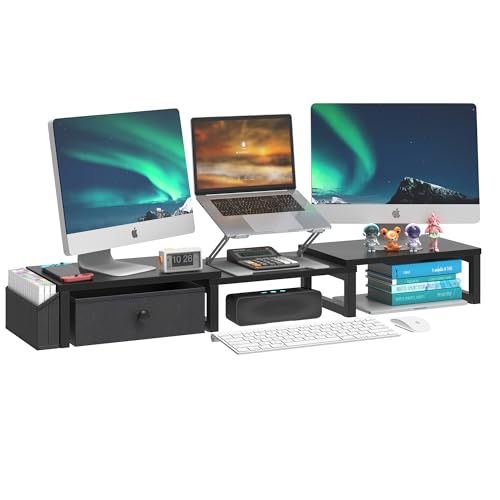 LAND·VOI Dual Monitor Stand with Drawer and Side Pockets, Monitor Riser for Desk, Home Office Desk Storage, Multi-Scenario Adaptation for Work and Entertainment, Black, HMS02BK - color: Black, size: Separate-Type