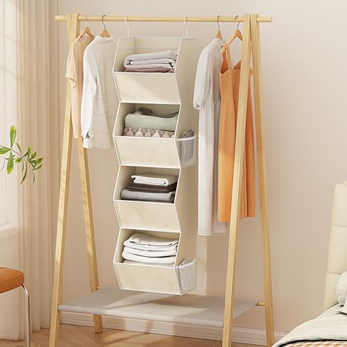 Hanging Closet Organizer 4 Shelf Collapsible Fabric Closet Organizers and Storage Hanging with Mesh Pocket for Clothes, Hanging Wardrobe Organizers and Storage for Sweater T-Shirt Shoes Toys, Beige - color: Beige-1 Pack, size: 4-shelf