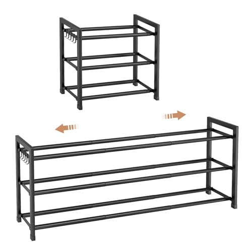 Expandable Shoe Rack - 18.5''- 47'' Adjustable Shoe Rack for Closet, 3 Tier Long Shoe Shelf Storage for 18 Pairs Shoe and Boot, Sturdy Metal Shoe Organizer for Entryway, Garage, Black