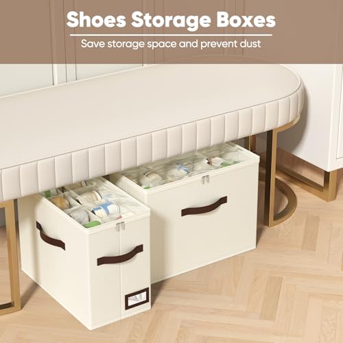 OIAHOMY 2 Pack Shoe Organizer for Closet, Foldable Shoe Storage Bins with Adjustable Dividers, Stackable Oxford Cloth Sneaker Boxes for Entryway Bedroom, Fits Up to 16 Pairs, Beige - color: Beige, size: 2 Pack