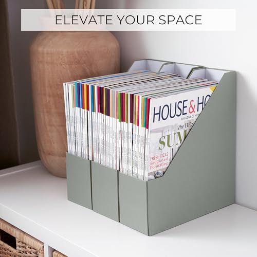 ZICOTO Beautiful Magazine Holder Set Of 3 - Sturdy File Holder to Organize Your Desk Or Shelves - The Perfect Office Storage to Effortlessly Organize Your Paperwork/Files, Magazines, Books Or Binders - color: sage green