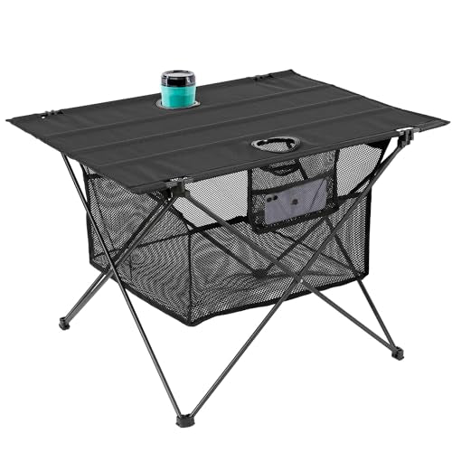 Lightweight Camping Table - Portable Folding Beach Side Table w/2 Cup Holders & Large Storage Basket, Compact Fold for Tailgate Travel Outdoor Fishing Picnic | 29.2" W x 21.7" D (Black) - color: A: Black
