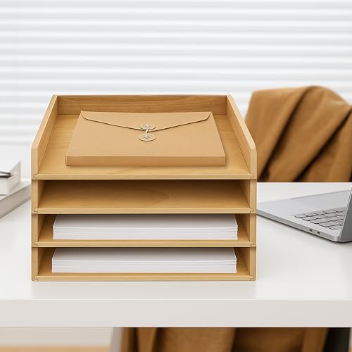 PROLEE Wooden Paper Tray Organizer for Desk, Stackable Paper Holder and Letter Tray, 4-Tier Desktop File Storage Rack for Study,Home and Office (Oak, 14" x 9.5" x 2.5") - color: Oak