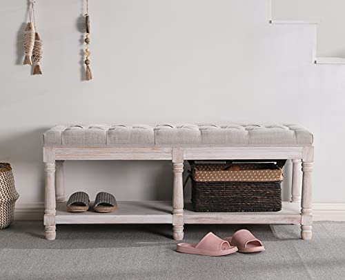 chairus Shoe Rack Bench Storage Vintage Bedroom Padded Bench Seat End of Bed, Fabric Tufted Farmhouse French Entryway Bench with Wood Legs for Hallway Foyer, Beige - color: Beige, size: 45.5 Inches Seat