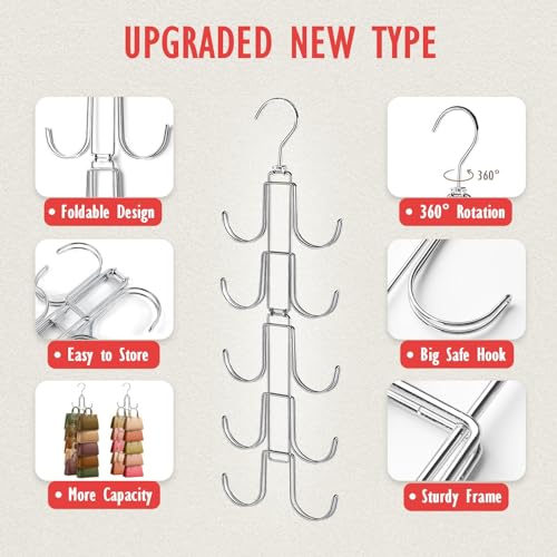 2 Pack Purse Organizer for Closet, Upgraded Purse Hangers with 20 Big Hooks, 360 Degree Rotation for Better Organizer and Display, Collapsible Space Saving Hangers Rack for Handbag, Tie, Silver - color: Silver, size: 2