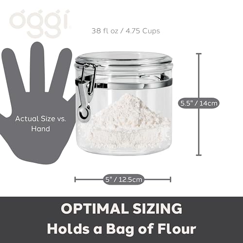 Oggi Clear Canister with Clamp Lid, 38 oz - Large Airtight Food Storage Container, for Kitchen & Pantry Storage of Bulk, Dry Foods Including Pasta, Flour, Sugar, Coffee, Rice, Tea, Spices & Herbs