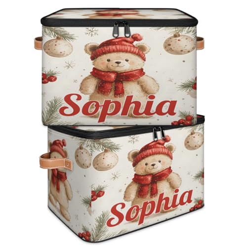 Custom Storage Basket with Name, Personalized Storage Bins with Zipper Lid, Foldable Fabric Storage Box Large capacity with Handle Bear Red Hat Scarf - color: Option 16