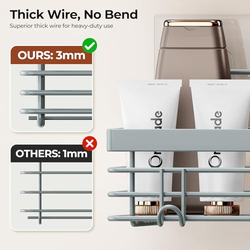 Orimade Shower Caddy with 5 Hooks for Hanging Razor and Sponge Adhesive Shower Shelf Basket Bathroom Storage Organizer Kitchen Rack No Drilling Stainless Steel Rustproof - 2 Pack, Light Blue Grey - color: Light Blue Grey - 2 Pack