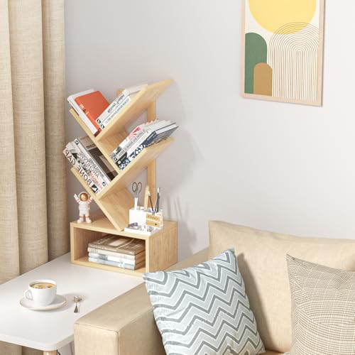 SHEEPAM Small Tree Book Shelf,5 Tier Black Tree Bookshelf,Wood Desktop Bookcase,Modern Desk Display Storage Bookshelves,Floor Standing Organizer Bookcases for Living Room,Bedroom,Office - color: Natural, size: 5 Tier
