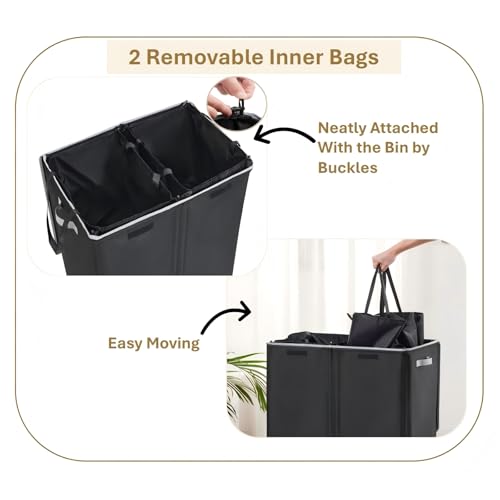 Dual Laundry Hamper with Lid and 2 Removable Liners, 145L Laundry Basket, 2 Sections for Easy Sorting, Collapsible Design, Dirty Clothes Hampers, Bedroom, Dorm, College, Black - size: 145L