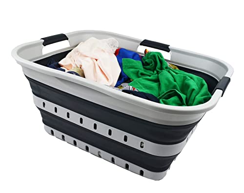 SAMMART 42L (11 gallon) Collapsible Plastic Laundry Basket - Foldable Pop Up Storage Container/Organizer - Space Saving Hamper/Basket (1, Grey/Slate Grey) - color: Grey/Slate Grey