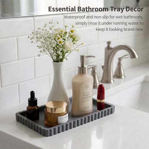 Silicone Bathroom Vanity Tray, Sink Caddy for Dish Soap Dispenser, Sponge Holder for Kitchen Sink, Rectangle Bathroom Countertop Organizer for Perfume, Jewelry, Candle (9.9” * 6”, Dark Grey) - color: Dark Grey, size: 9.9" x 6" x 0.7"