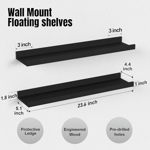 Boswillon Long Floating Shelves, 2 Set Modern Black Wall Shelf for Bedroom, Nursery Book Shelf with Lip, Picture Ledge Shelf for Living Room Bathroom Kitchen - Black,23.6 In - color: Black, size: 23.6 In