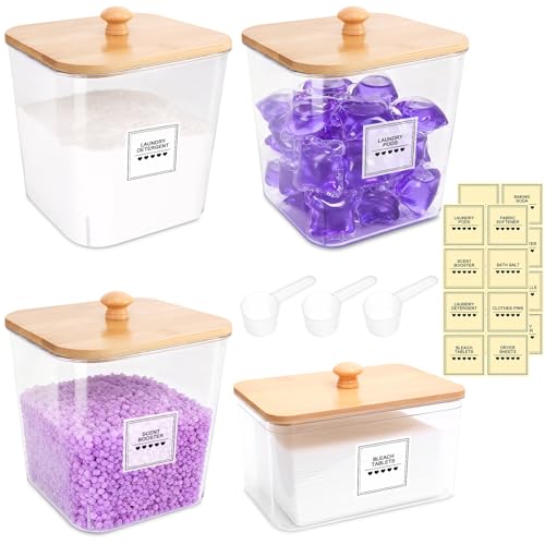 4 Pack Laundry Pods Container and Dryer Sheet Holder with Bamboo Lids, Laundry Room Organization Set with Labels and Scoops for Detergent Powder, Scent Booster Beads, 2600 +2000ml/0.53+0.7gal