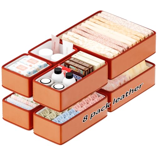 Vegan Leather Drawer Organizers,8 Pack Makeup Storage boxes,Vanity Drawer Luxury upgrade,Bedroom fabric Drawers replacement,bathroom organization and storage Optimal solution - color: Classic Brown, size: 8 pack