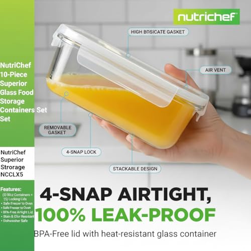 NutriChef 10-Piece Superior Glass Food Storage Containers Set (5 Containers + 5 Locking Lids),Stackable Meal-prep Design, BPA-free Airtight Clear Locking lids with Vent Lids & Air Hole, NCCLX5 - color: Transparent