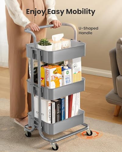 Pipishell 3 Tier Mesh Utility Cart, Rolling Metal Organization Cart with Handle and Lockable Wheels, Multifunctional Storage Shelves for Kitchen Living Room Office Grey - color: Gray, size: 3-Tier