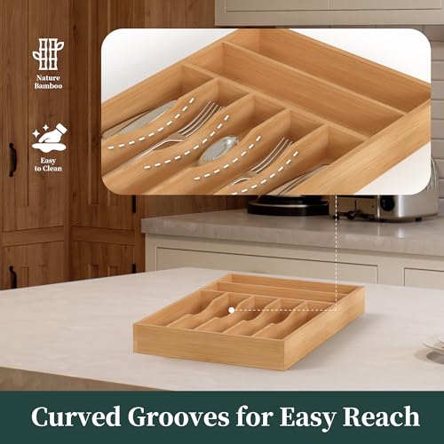 Silverware Organizer, Bamboo Kitchen Drawer Organizer, Utensil Holder, Cutlery Tray & Spoon Flatware Storage with Grooved Drawer Dividers (11''W x 16''D) - color: Natural, size: 11''W x 16''D