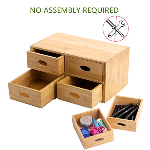 ZOOFOX Bamboo Desk Organizer, 100% Natural Bamboo Tabletop Storage Box with 4 Drawers, Night Stand Table Organizer, Wooden Desktop Drawer Organizer for Makeup Vanity Office Supplies